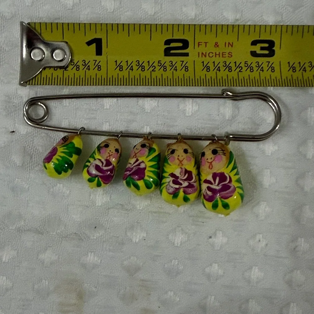Vintage Russian Matryoshka Nesting Doll Safety Pin Brooch Yellow Hand Painted 3